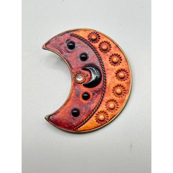 Vintage Handcrafted Moon Brooch Clay & Beads Crescent Moon Whimsical Jewelry - Picture 6 of 7